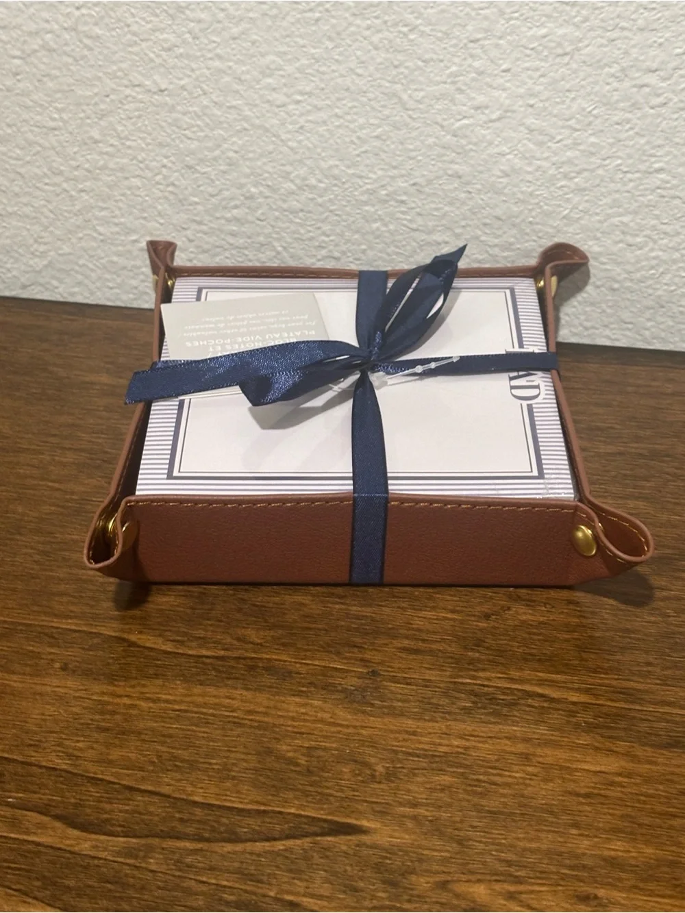 Monogrammed Dad Notepad with Faux Leather Catchall Tray with Navy Ribbon